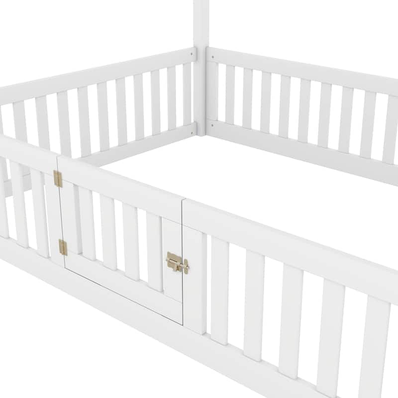 Fun House Platform Bed with Fence and Door, Wooden Floor Bed Frame with Roof, Distressed Washed Finish,for Kids Girls Boys