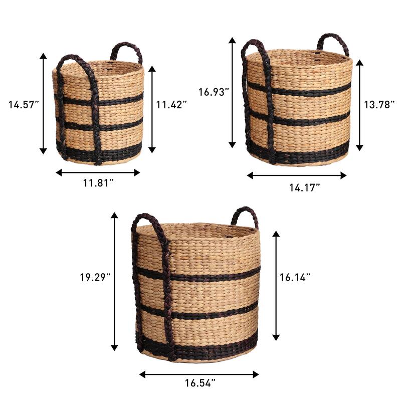 Willow Stripe Handwoven Water Hyacinth Nesting Storage Baskets with Handles(Set of 3)