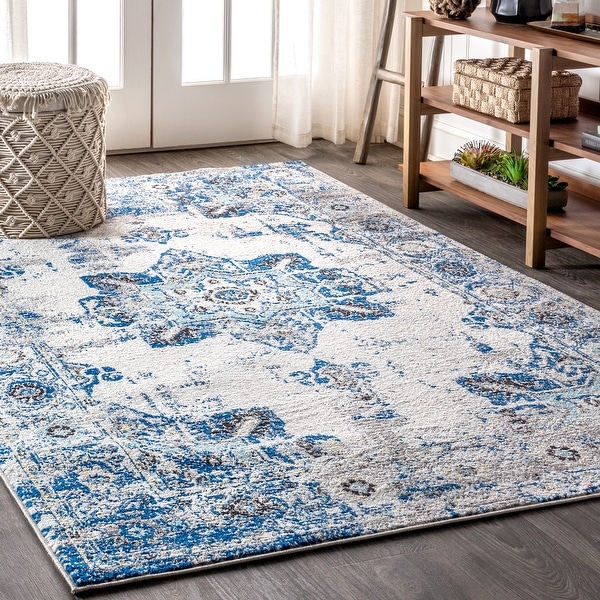 Modern Persian Boho Vintage Medallion Cream/Blue Area Rug. Opens flyout.