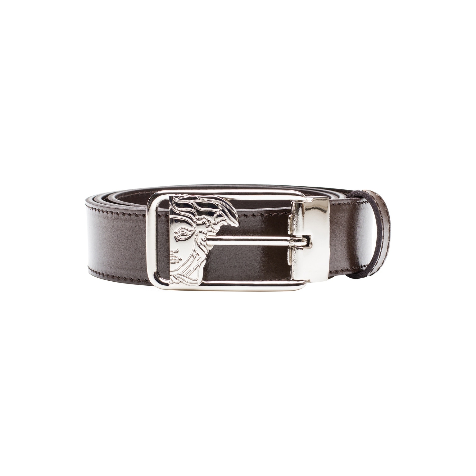Versace Collection Mens Stainless Steel Buckle Pebble Leather Belt Brown