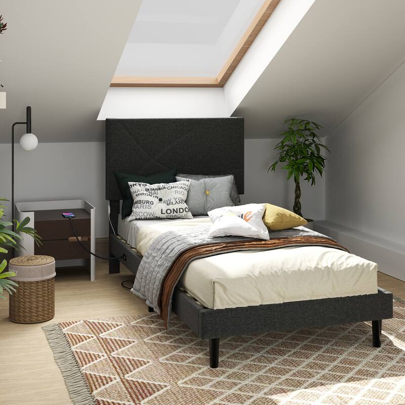 Homy Casa Platform Bed with LED Headboard & Charging Ports