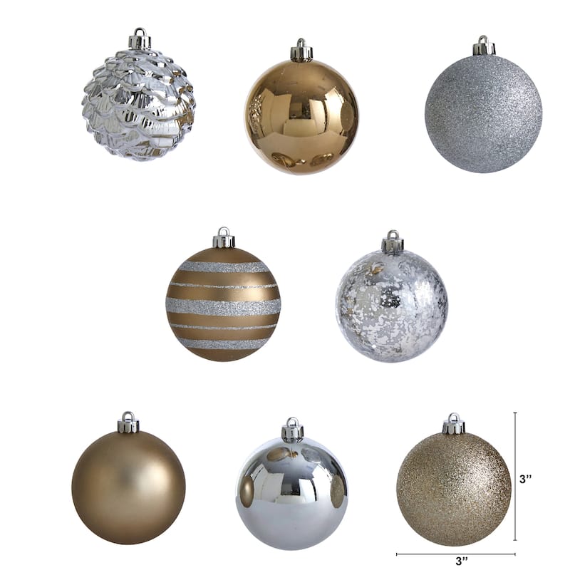 64ct Silver & Gold Shatterproof 3-Finish Christmas Ball Ornaments 3"