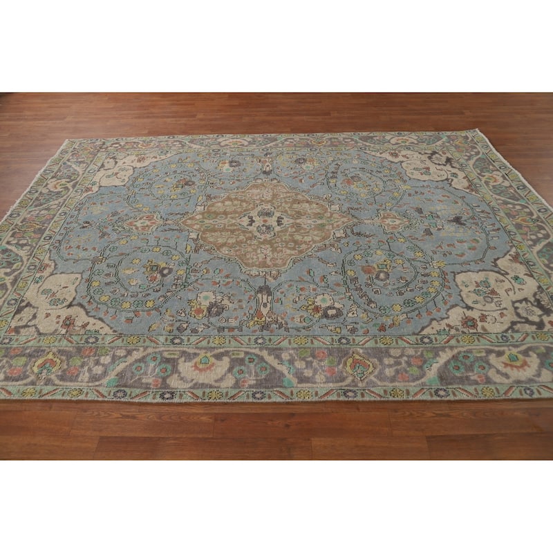 Light Blue Floral Tabriz Persian Rug Oriental Handmade Wool Carpet - 6'7"x 9'2"