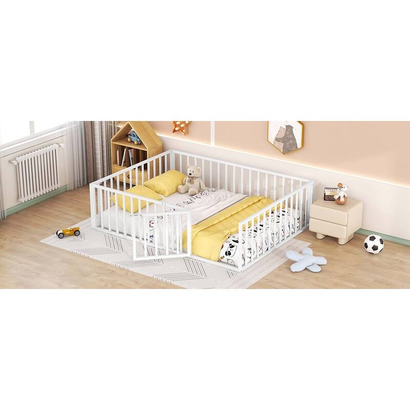 Metal Floor Bed Frame with Fence & Door