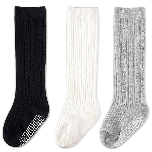 slide 2 of 8, CozyWay Non-Slip Knee-High Socks, 3 Packs, Black White Grey, 18-36 Months