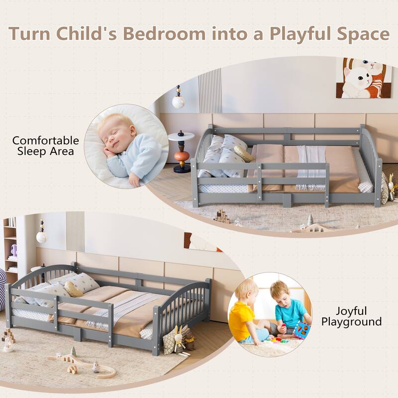 Montessori Floor Bed with Fence - Full/Twin Solid Wood, Slats & Safety Guardrails, Easy Assemble