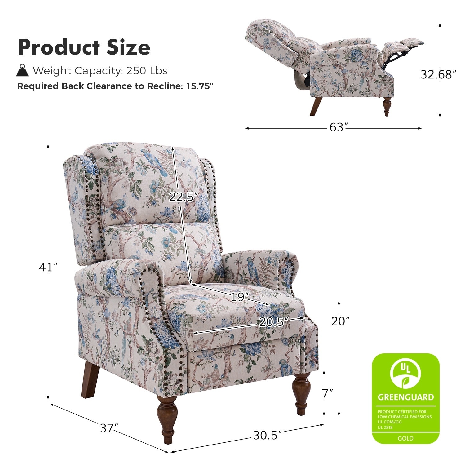 rila 0813 Terri Classic Cutaway Arms with Nailheads Manual Recliner