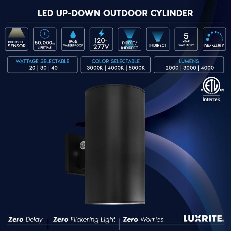 Luxrite Dusk to Dawn LED Modern Outdoor Wall Light, 12", Up or Up and Down Light, 3CCT 3000K-5000K, 20/30/40W, IP65, ETL