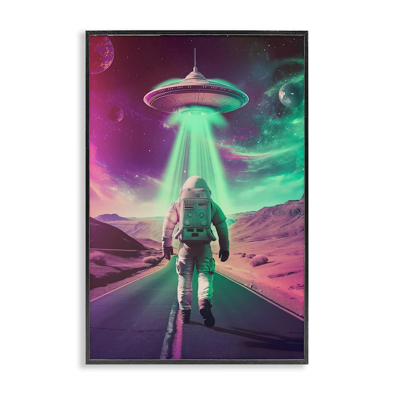 Stupell Astronaut Walking Toward UFO Framed Giclee Art Design By Wumples - 12 x 18 - Black