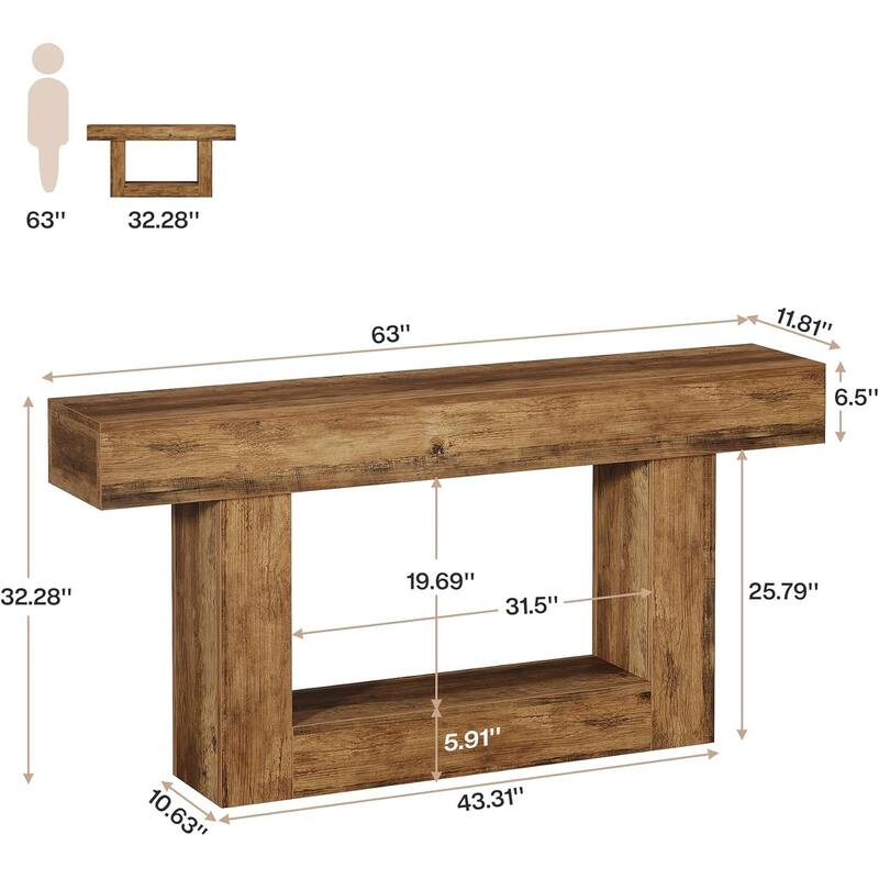 63" Long Console Table, Farmhouse 2-Tier Entryway Table with U-Shaped Base - 63" W x 11.8" D x 32.3" H