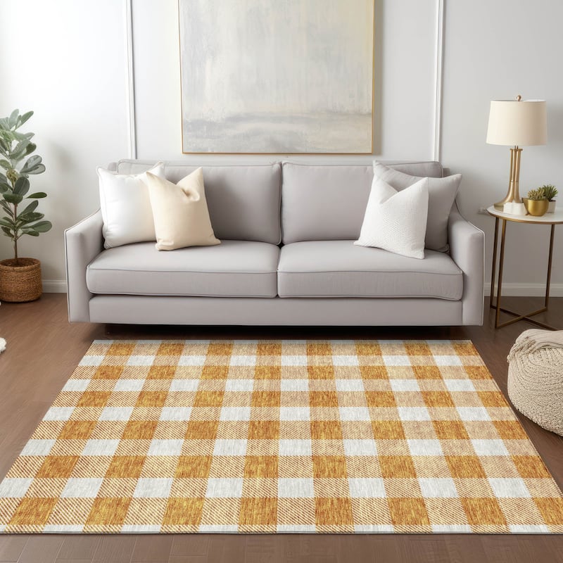 Machine Washable Indoor/ Outdoor Chantille Plaid Rug