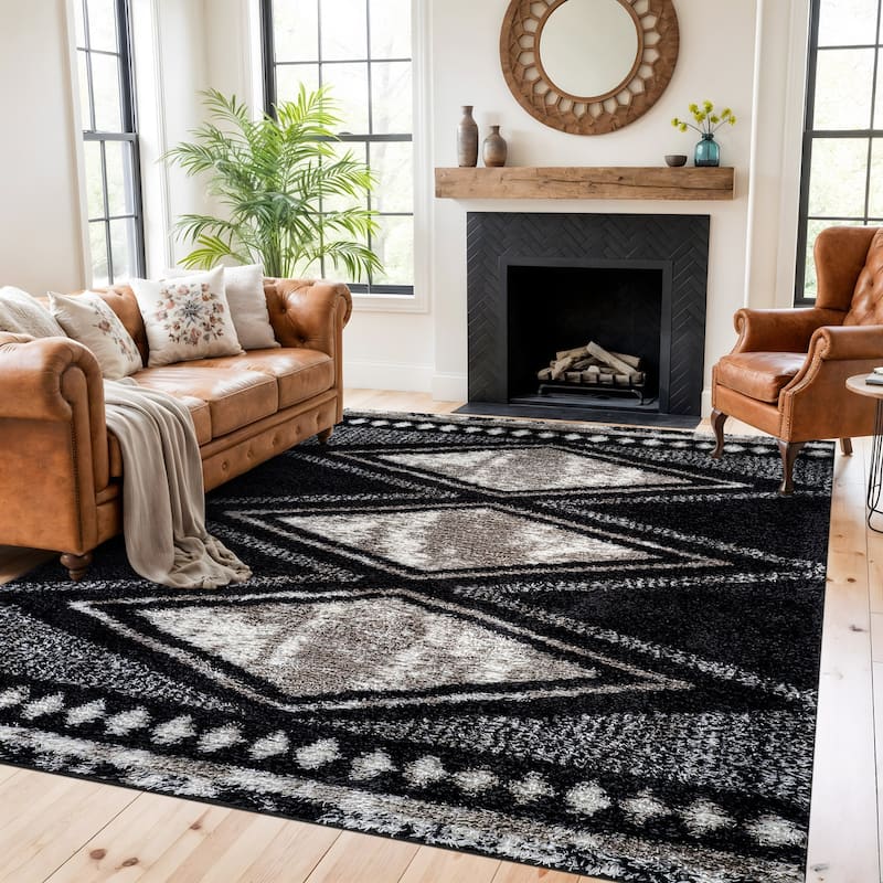 Geometric Grid Shag Rug - Anthracite Dark Gray - Medium Pile - Durable for Living Room, Bedroom, or Entryway - 7' 10" x 10'