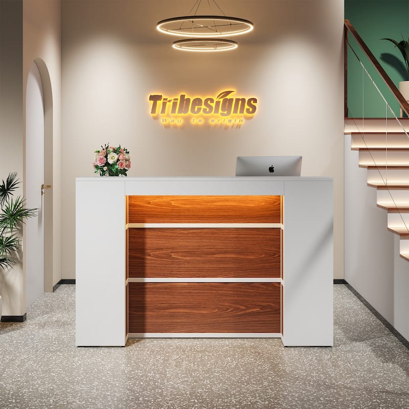 Reception Desk Front Desk with LED Lights,Large Reception Counter Table with Private Panels
