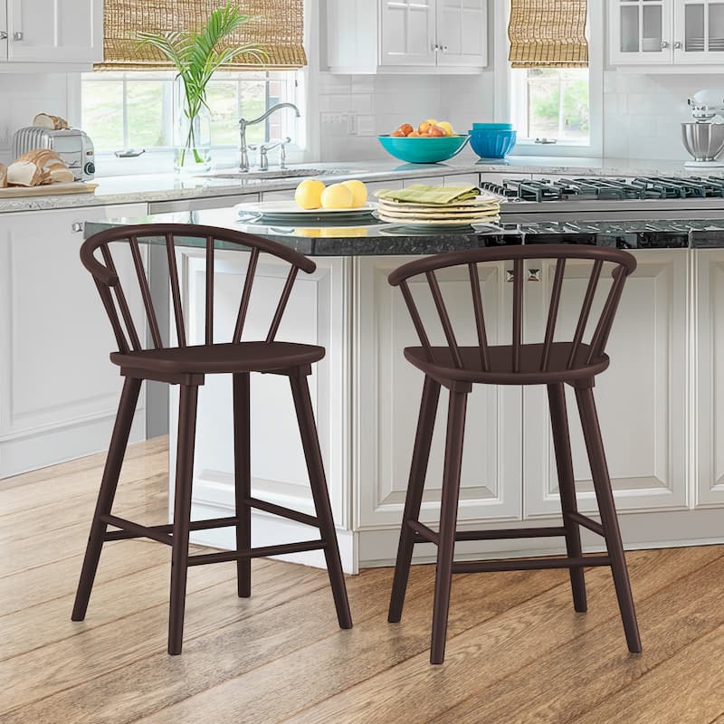 Set of 2 Counter Height 24.in Bar Stools for Kitchen Island with Solid Wood and Spindle Back Barstool - Dark coffee