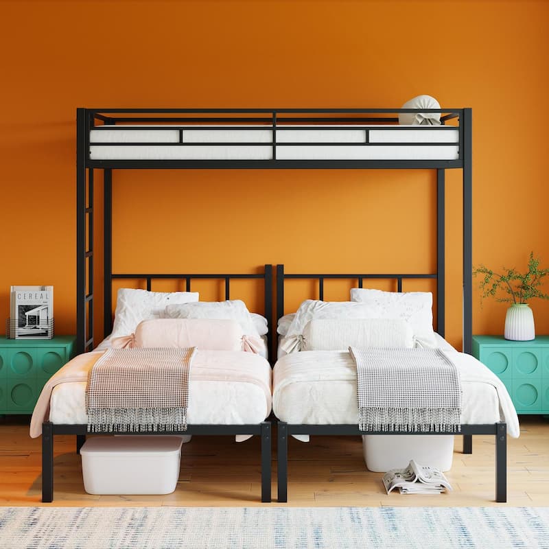 Twin Over Twin Over Twin Bunk Bed, Metal Triple Twin Bed with Safety Guardrails and Ladder, Convertible 3 Beds