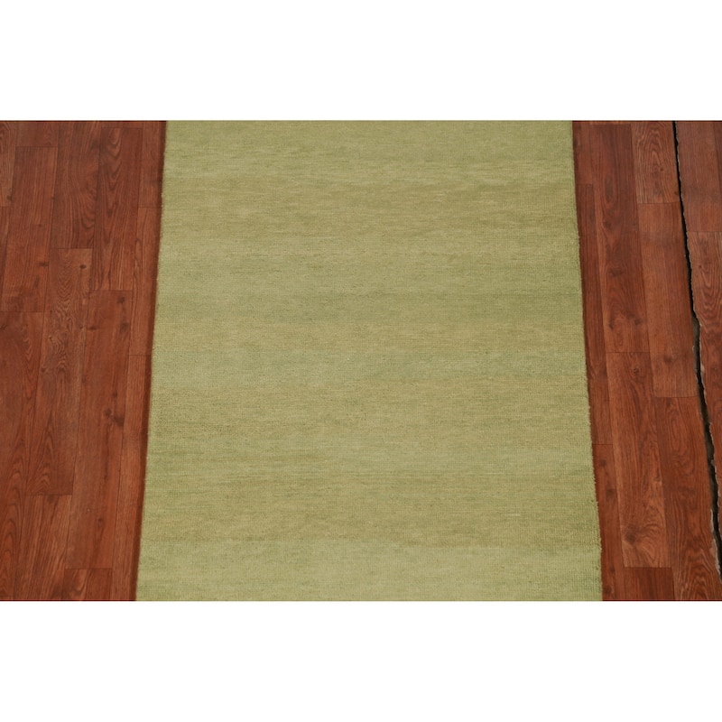 Hand Knotted Oriental 100% Wool Carpet Modern Solid Green Gabbeh Runner Rug - 8' 2'' X 2' 9''