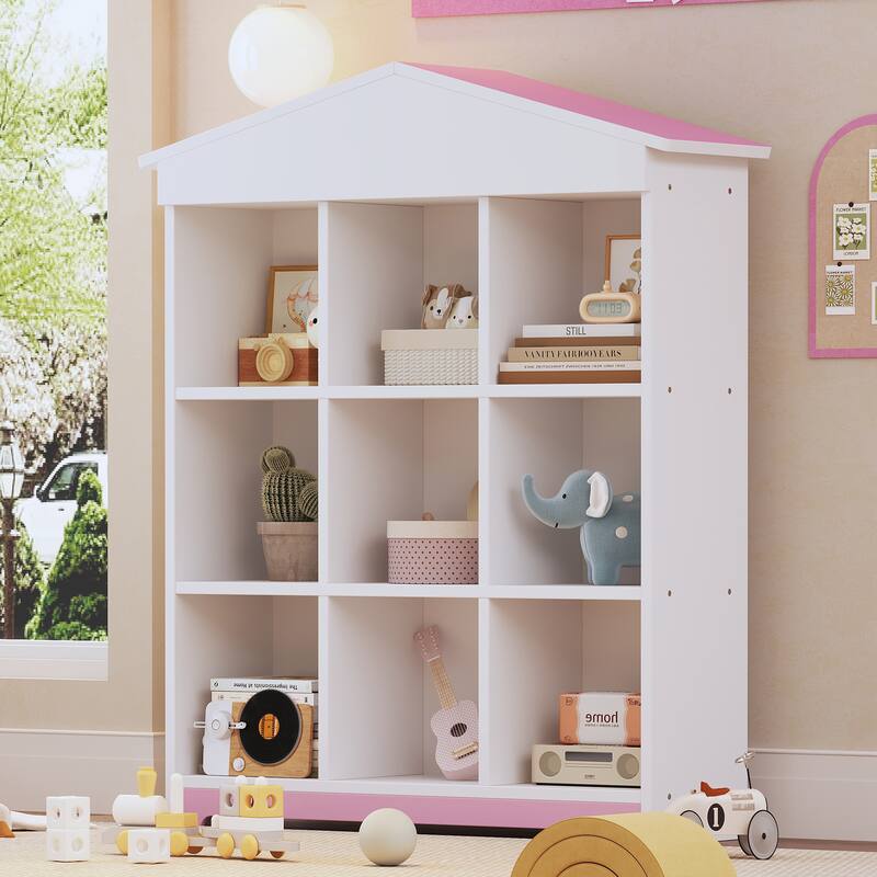 House shaped Storage Rack with Nine Storage Compartments,Three layer Bookshelf with Colorblock Design - Pink+White