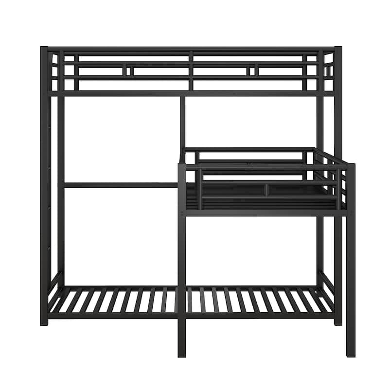 Versatile L Shaped Metal Bunk Bed, Heavy Duty Metal Twin Size Triple Bunk Bed Frame with Double Ladder and Guardrail