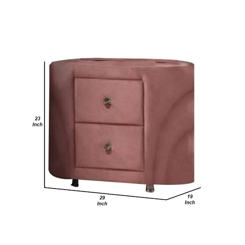 Sin 29 Inch Modern Nightstand, 2 Drawers, Round Metal Knobs, Velvet, Pink