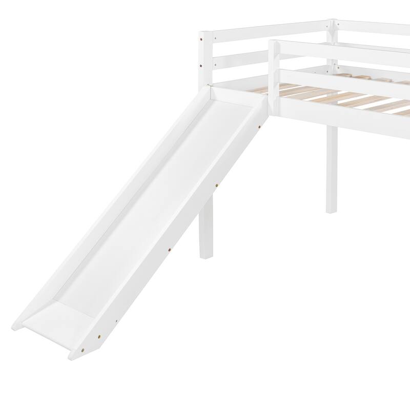 Roomfitters Twin Loft Bed with Slide and Ladder Guard Rails Solid Wood, White