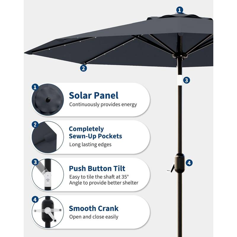 10 Ft Patio Umbrella with Solar Lights, Outdoor Table Umbrella with 40 LED Lights & Tilt Crank