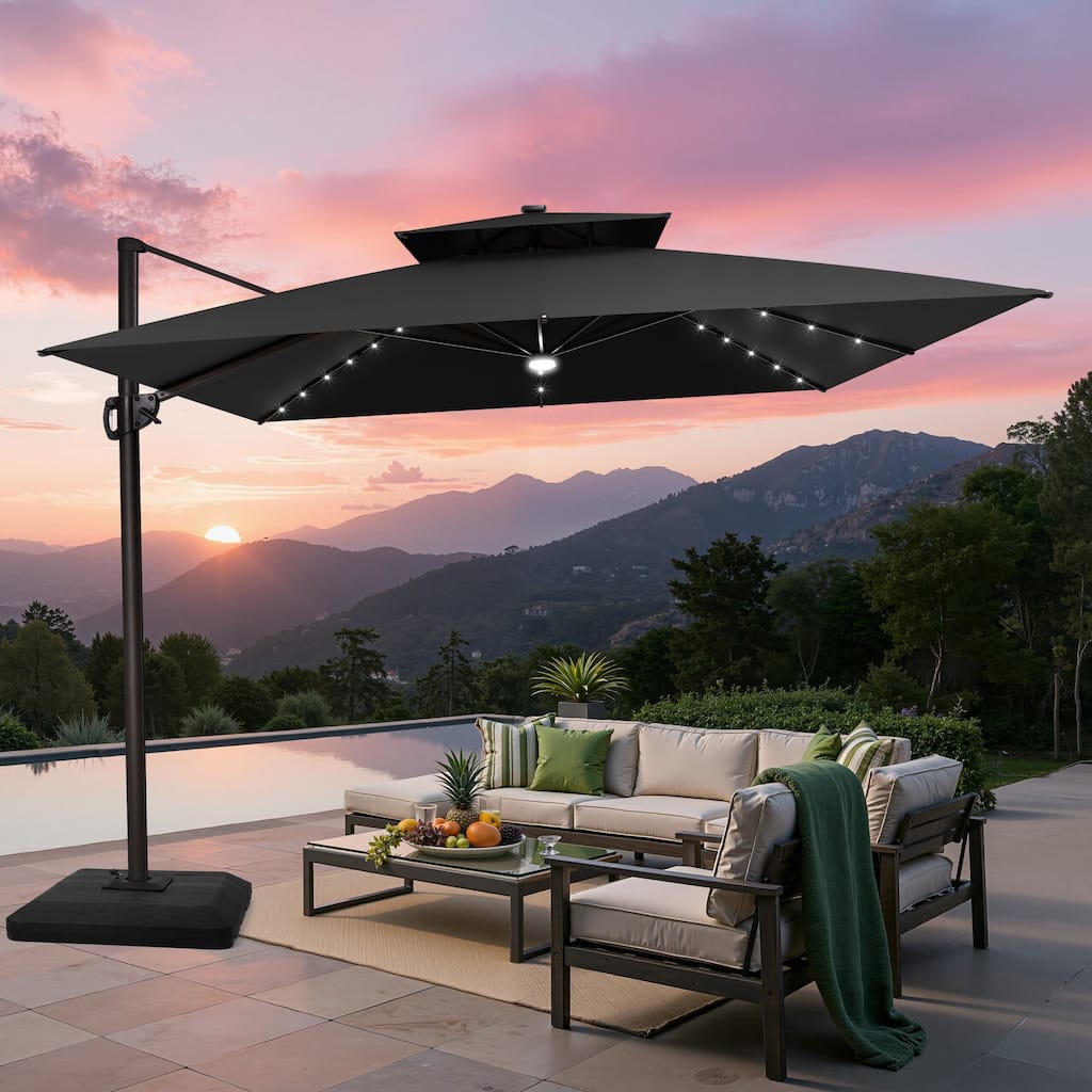 Outdoor Solar-Powered LED Light 11 FT Aluminum Cantilever Umbrella with Double Top and Base