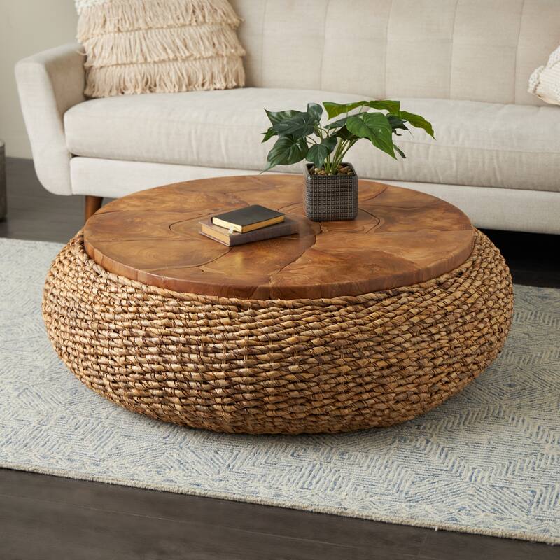 Rattan Wrapped Coffee Table with Teak Tabletop - Brown - Roche River Decor - 47"W x 47"L x 15"H