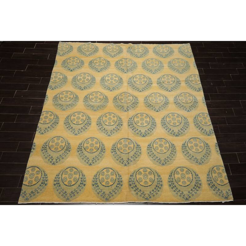 Tibetan Transitional Floral 8x9'4'' Hand Knotted Wool Light Gold Rug - 8' x 9' 4''