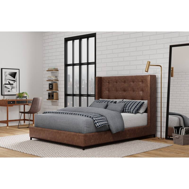 Tufted Wingback Bed - Faux Suede Platform Bed with Slats - Brown & Black