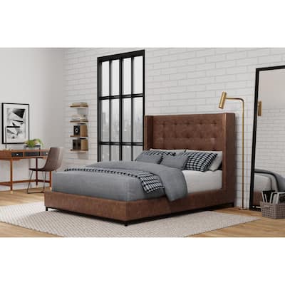 Tufted Wingback Bed - Faux Suede Platform Bed with Slats - Brown & Black
