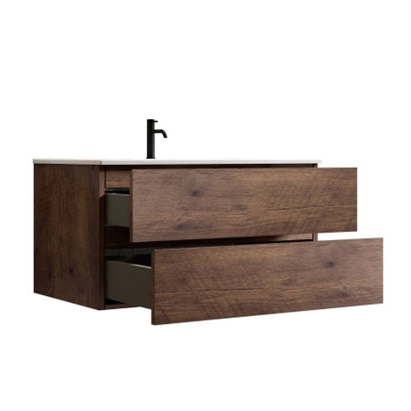 GDFStudio - Tia Wall-Mounted Bathroom Vanity with Ceramic Sink, Soft Close Drawers & U-Shaped Drainage