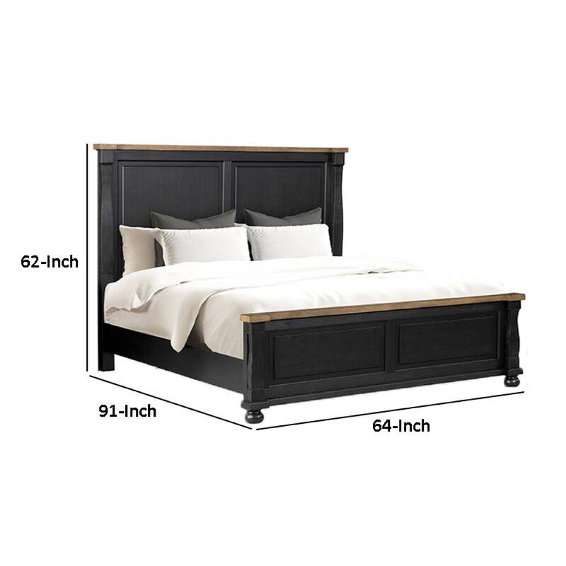 Ginie Queen Bed, Tall Headboard, Farmhouse Legs, Black, Oak Brown Wood