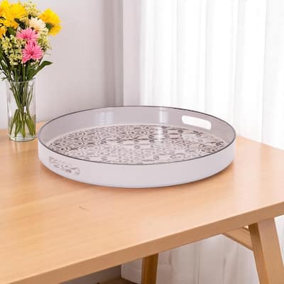 HomeRoots 14" Cream And Gray Geometric Pad Print Round Serving Tray With Handles - 13.5 in. x 1.75 in. x 13.5 in.