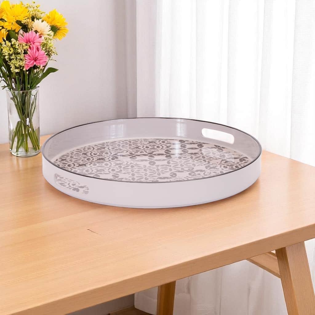 HomeRoots 14" Cream And Gray Geometric Pad Print Round Serving Tray With Handles - 13.5 in. x 1.75 in. x 13.5 in.