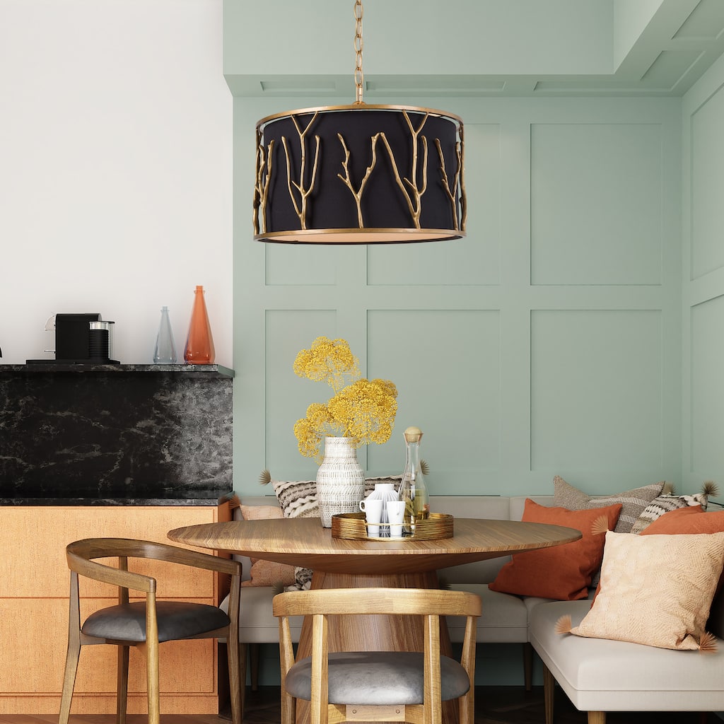 Modern 4-Light Brass Gold Drum Chandelier Black Fabric Shade for Dining Room - D 15.5" x H 10"