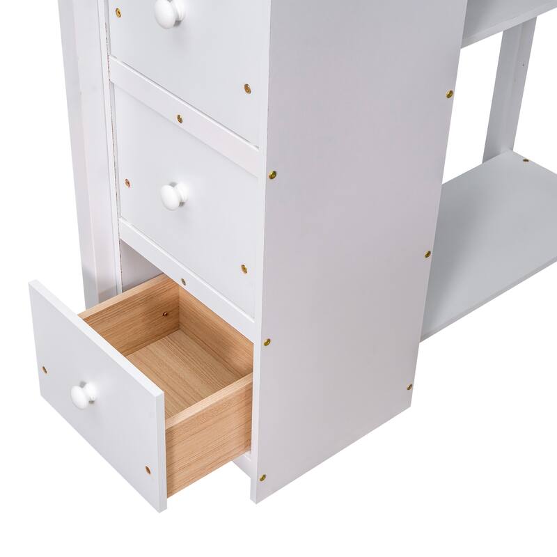 White Twin Loft Bed with Storage Drawers, Desk, Shelves and Stairs - Space Saving Wooden Design