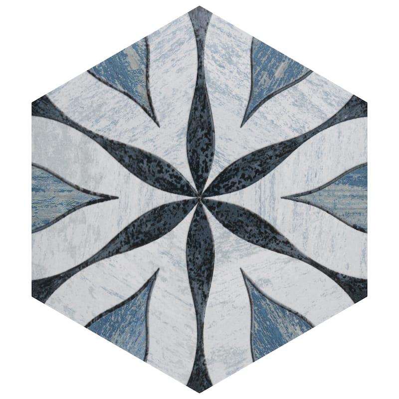 Merola Tile Cassis Hex Flower Black 8-5/8" x 9-7/8" Porcelain Floor and Wall Tile