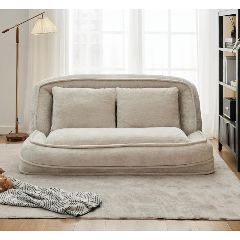 Pet Friendly Lazy Loveseat Sofa 2-in-1 Chenille Floor Couch Double Human Sleeper Bed with 5 Adjustable Position, Plump Pillows
