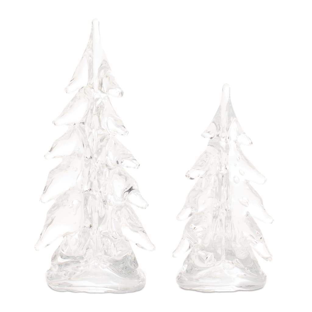 Set of 2 Decorative Clear Glass Trees for Christmas Frosted Pine Accents for Holiday Display - 4”L x 4” x 9”H