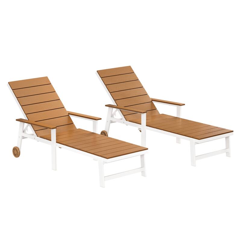 Set of 2 Outdoor Lounge Chair with HDPE Slats, Adjustable Positions & Wheels — All-Weather Aluminum Frame - Brown
