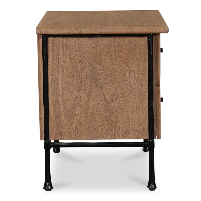 NADAAL STUDIOS Valenor Nightstand, Solid Acacia Wood with Hammered Iron Base and Traditional Beveled Details, Brown