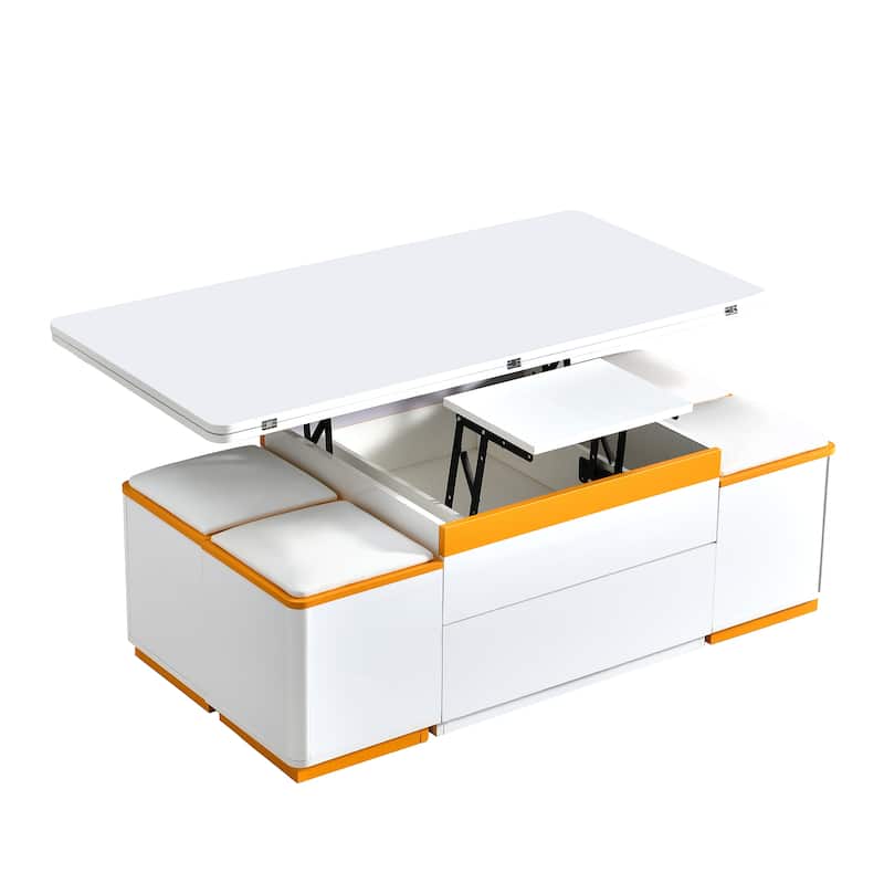 Lift-Top Coffee Table with 4 Storage Stools, Center Table with Foldable Top, Multi-Functional Adjustable Coffee Table