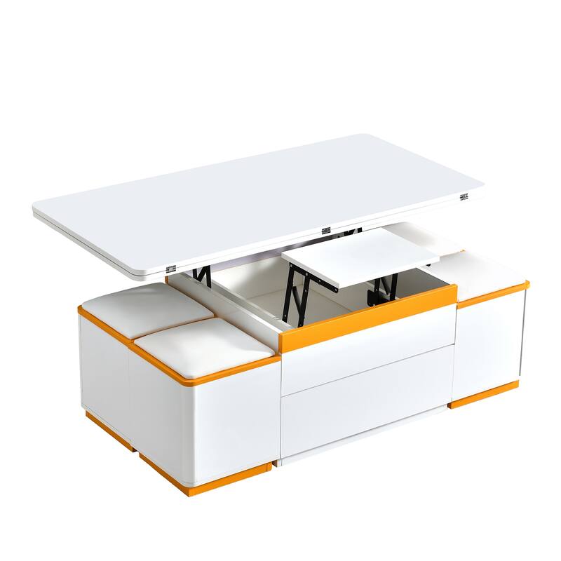 Roomfitters Lift-Top Coffee Table with 4 Storage Stools, Foldable Top and Hidden Compartments, Space-Saving Design