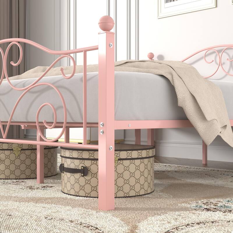 Javlergo Metal Bed Frame with Arched Roman Column Headboard and Footboard Heavy Duty Steel Slat Support No Box Spring Needed
