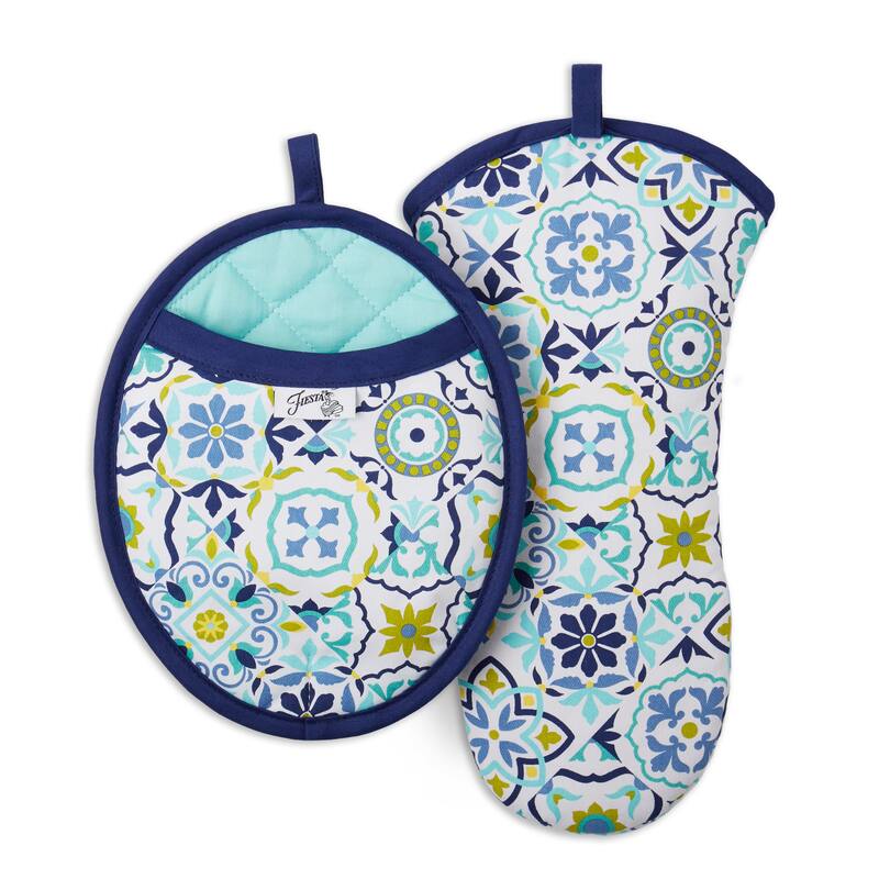 Fiesta Fiesta Worn Tiles Oven Mitt & Pot Holder Set, Set of 2 - 8"x10" - Blue/Yellow/Green