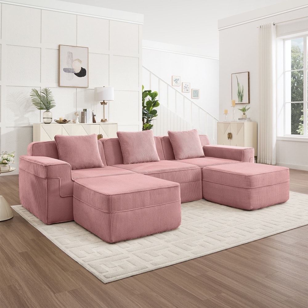 Modular 3-Seat Sectional Sofa with Throw Pillows and 2 Movable Ottomans