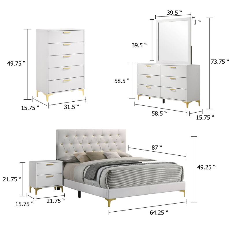 Dle 5 Piece Queen Bedroom Set, White Faux Leather, Modern Gold Accents