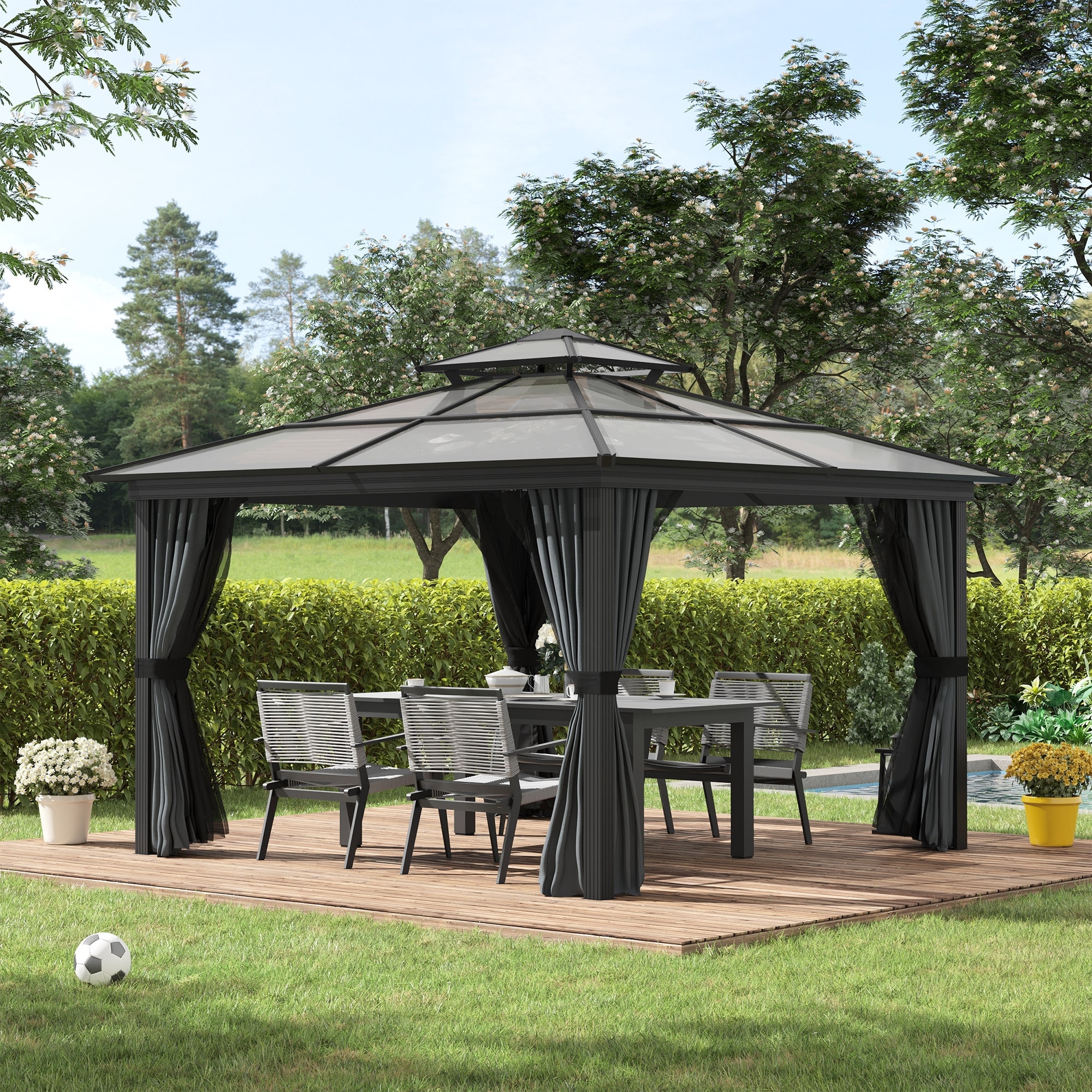 Outsunny Garden Gazebo Outdoor Metal Adjustable Sunshade w/ Zippered Net 4x4m 