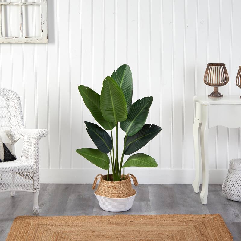 4' Travelers Palm Artificial Tree in Boho Chic Handmade Cotton & Jute White Woven Planter