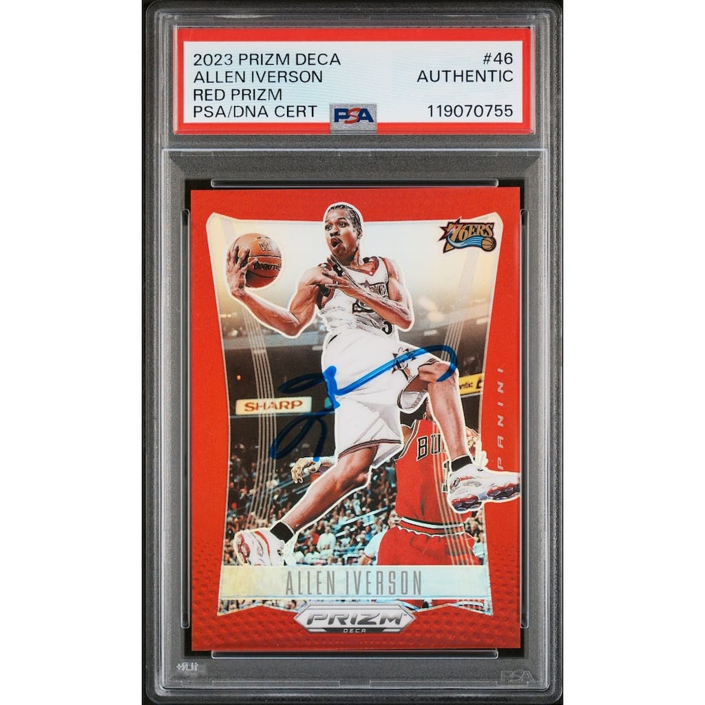 Allen Iverson 2023 Panini Prizm Deca Red Signed Basketball Card #46 Graded Authentic Auto PSA 168/199 Cert # 119070755